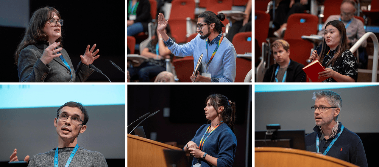 A collection of photos of speakers and audience members on Day 1.