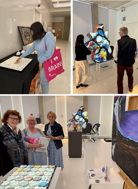 A collection of images from the exhibition. One is of one person using ink to make a unique fingerprint, another is 2 people looking at an inflatable installation and another is of the artists and her friends smiling for a photo.