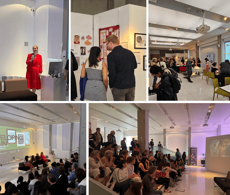 A collection of images from the opening night. This includes an introductory talk, a film screening, and 2 people looking at artwork from behind.